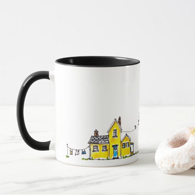 Gelbes Haus mit Wäsche Tasse (Mit Donut)