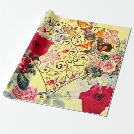 GELBES HERZWERT MIT BLUME-WRAPPPAPIER GESCHENKPAPIER