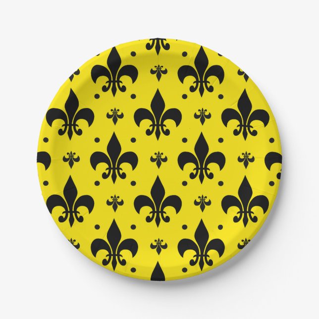 Gelbes Hintergrund Fleur-de-lis-Muster Pappteller (Vorderseite)