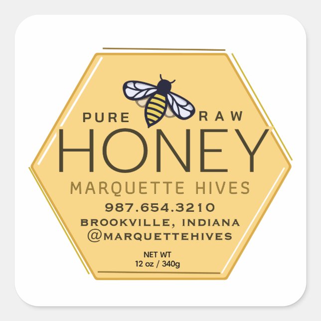 Gelbes Honighexagon-Siegel mit Bienen und Honigwab Quadratischer Aufkleber (Vorderseite)