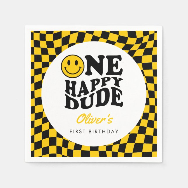 Gelbes kariertes Lächeln - 1. Geburtstag individue Serviette (Vorderseite)