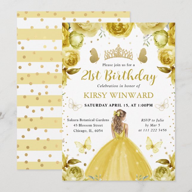 Gelbes Kleid Blonde Princess Birthday Einladung (Vorne/Hinten)