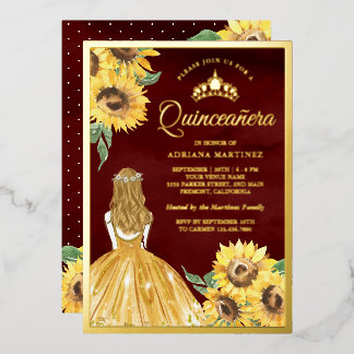 Gelbes Kleid Sonnenblumen Burgundy Quinceanera Gol Folieneinladung
