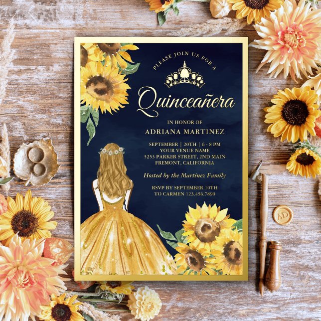 Gelbes Kleid Sonnenblumen Navy Blue Quinceanera Go Folieneinladung (Von Creator hochgeladen)