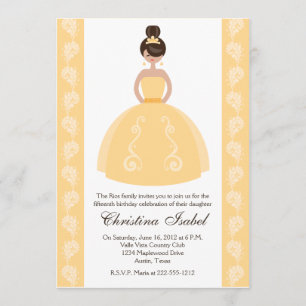 Gelbes Kleidbrünette Quinceanera Einladungen
