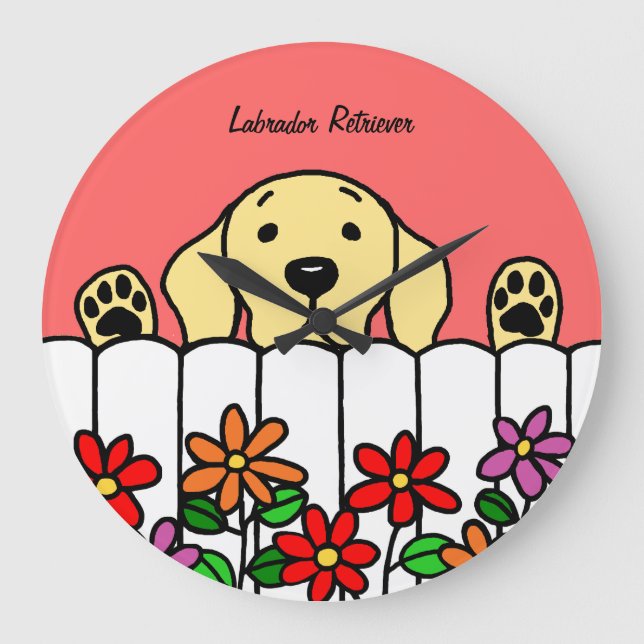 Gelbes Labrador, das Sie Blumen aufpasst Große Wanduhr (Vorderseite)