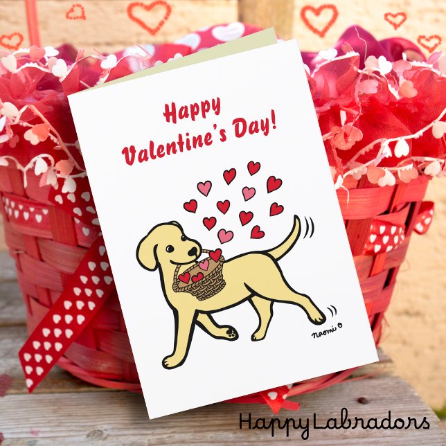 Gelbes Labrador Herztragen Valentine Feiertagskarte (Yellow Labrador Carrying Hearts Valentine Card for Labrador Owners.  Cute Cartoon Design.)