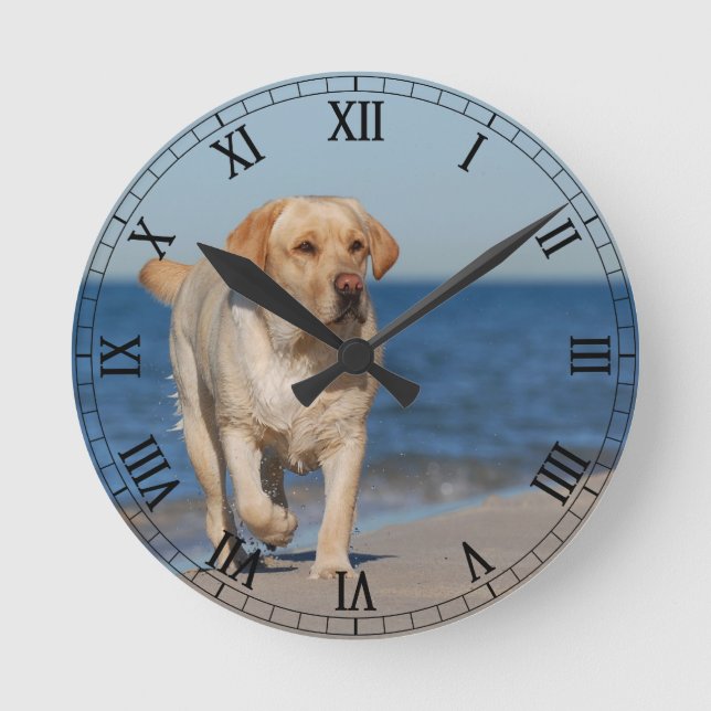 Gelbes labrador retriever auf dem Strand Runde Wanduhr (Vorderseite)