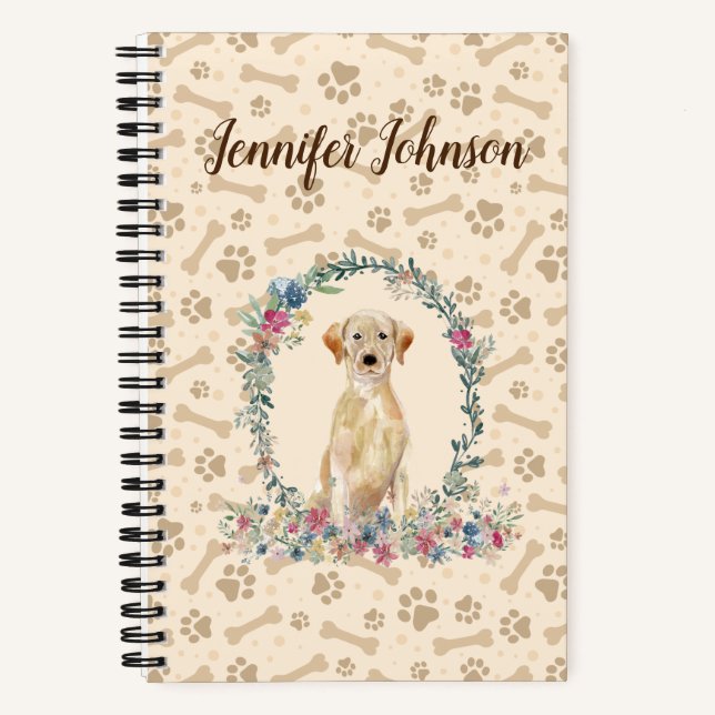 Gelbes Labrador Retriever Dog Paw Print & Floral Notizbuch (Vorderseite)