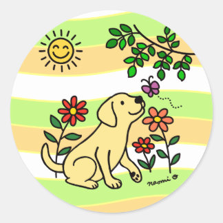 Gelbes Labrador und Grün Runder Aufkleber