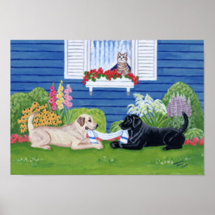 Gelbes Labrador und schwarzes Labrador im Garten Poster