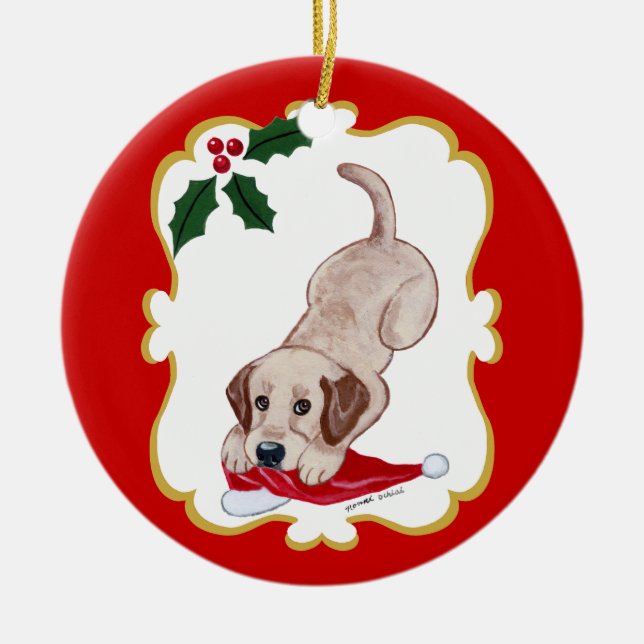 Gelbes Labrador-Weihnachten Keramik Ornament (Vorne)