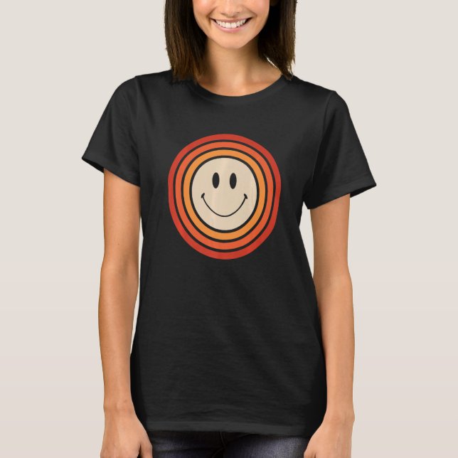 Gelbes Lächeln Happy Face 70er Ästhetische Regenbo T-Shirt (Vorderseite)
