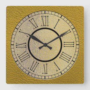Gelbes Leder mit Gold und römischen Zahlen Quadratische Wanduhr