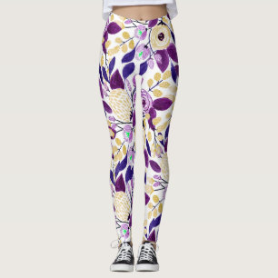 Gelbes Lila Blumenmuster Wasserfarben-Muster Leggings