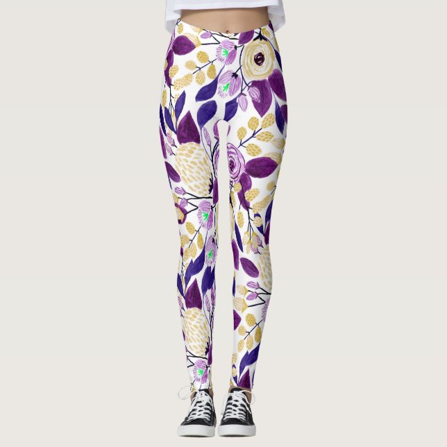 Gelbes Lila Blumenmuster Wasserfarben-Muster Leggings (Vorderseite)