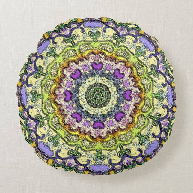 Gelbes Lila klassisches und traditionelles Rundkis Rundes Kissen (Vorderseite)