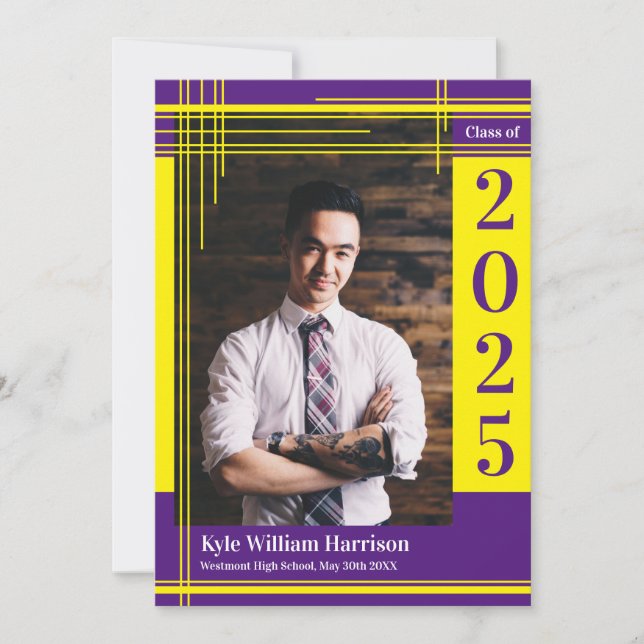 Gelbes Lila School Color Abschluss Foto Kariert Einladung (Vorderseite)
