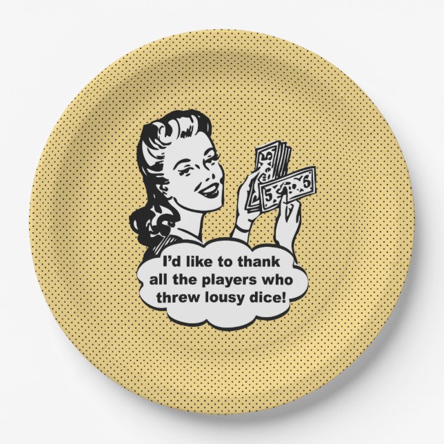 Gelbes lustiges Retro Bunco, das ich danken möchte Pappteller (Vorderseite)