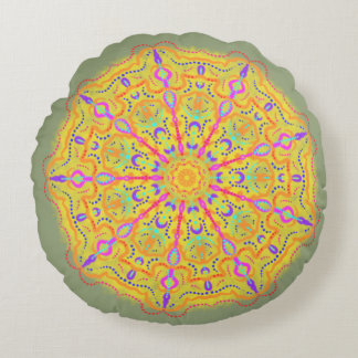 Gelbes Mandala mit rosa Geometrie Rundes Kissen