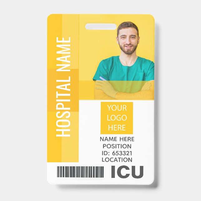 Gelbes Mitarbeiter-Foto, Bar-Code, Logo-ICU-ID Ausweis (Vorderseite)