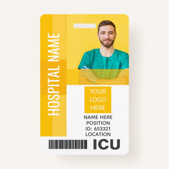 Gelbes Mitarbeiter-Foto, Bar-Code, Logo-ICU-ID Ausweis (Vorderseite)