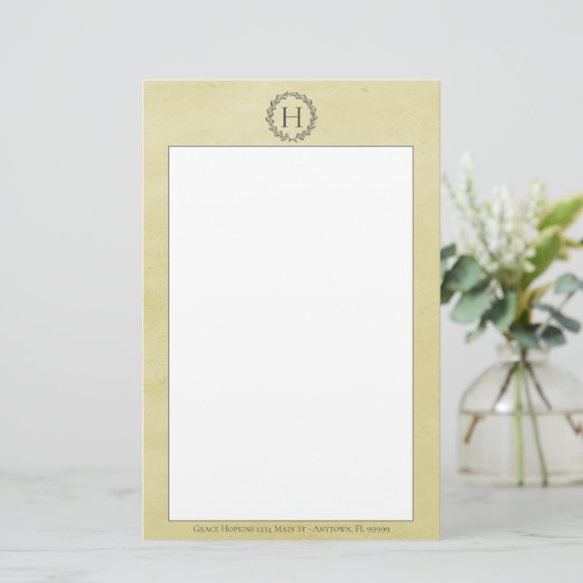 Gelbes Monogramm-Krängungsrädchen Briefpapier (Stehend Vorderseite)