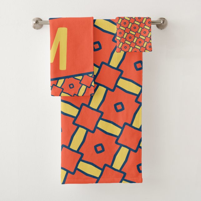 Gelbes Monogramm Orange Geometrisches Muster Badhandtuch Set (Insitu)