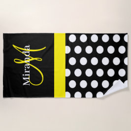 Gelbes Monogramm Schwarz-weiß Polka Dot Beach Hand Strandtuch
