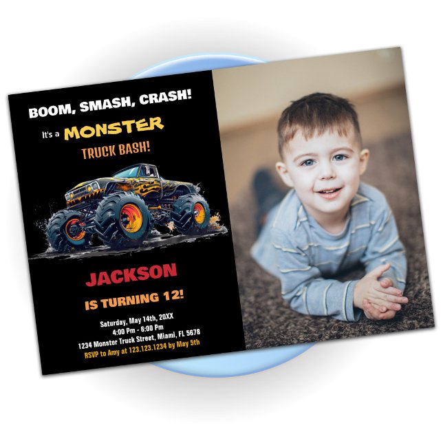 Gelbes Monster Truck Geburtstagseinladungen Foto Einladung (Yellow Monster Truck Birthday Invitations Photo)