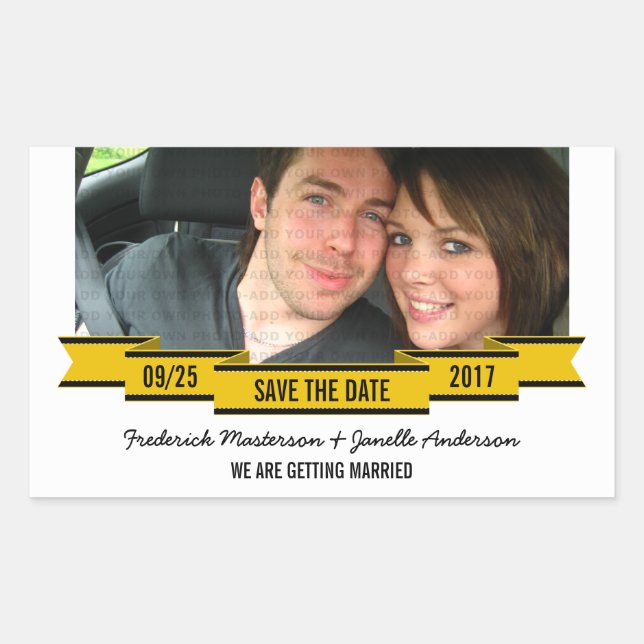 Gelbes Multiband-Foto Save the Date Aufkleber (Vorderseite)