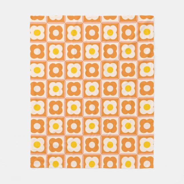 Gelbes Muster des Schachbretts Retro Floral, orang Fleecedecke (Vorderseite)