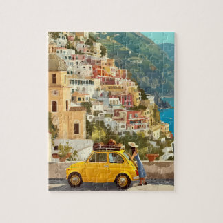 Gelbes Oldtimer-Auto und Amalfi-Küsten-Puzzle Puzzle