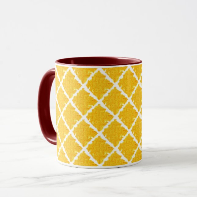 Gelbes/orangefarbenes Muster mit rotem Griff Tasse (Vorderseite Links)