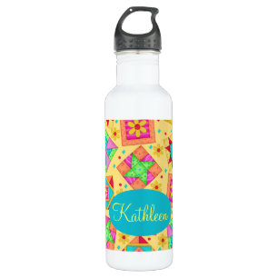 Gelbes Patchwork Personalisierte Blockkunst Edelstahlflasche
