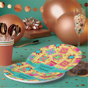 Gelbes Patchwork Quilt Blockname Herzlichen Glückw Pappteller
