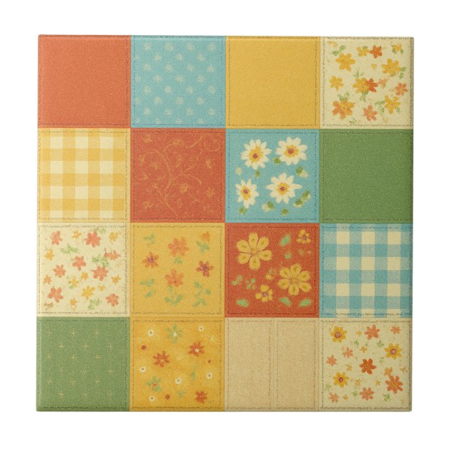Gelbes Patchwork Quilt Rustikales Bauernhaus Fliese (Vorderseite)