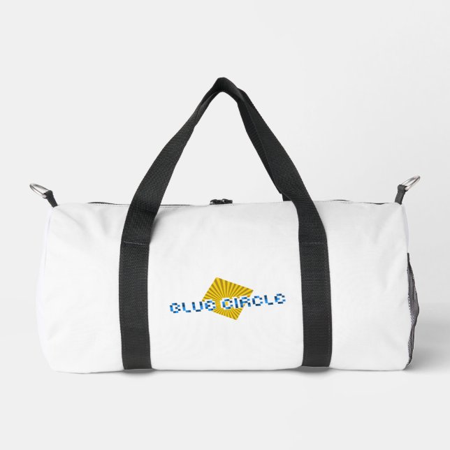 Gelbes Quadrat mit Balken und optischem Pixel-Text Duffle Bag (Vorderseite)