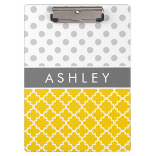 Gelbes Quatrefoil und graues Tupfen-Muster Klemmbrett
