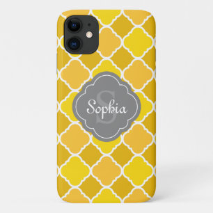 Gelbes Quatrefolienmuster mit grauem Monogramm Case-Mate iPhone Hülle