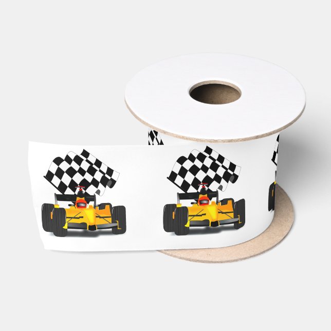 Gelbes Rennwagen mit Checkbox Satinband (Spule)