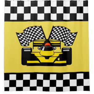 Gelbes Rennwagen: Schachbrett-Flag Duschvorhang