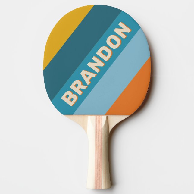 Gelbes Retro fett Streifen mit Namen Tischtennis Schläger (Rückseite)