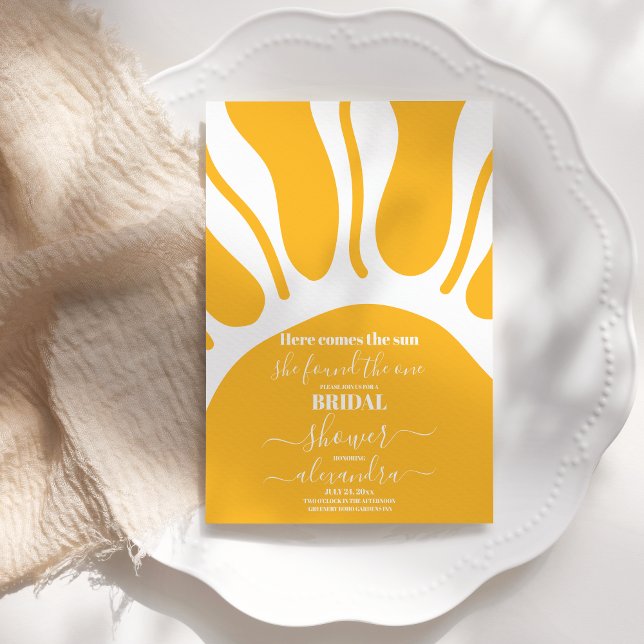 Gelbes Retro hier kommt das Sun-Brautparty Einladung (Von Creator hochgeladen)