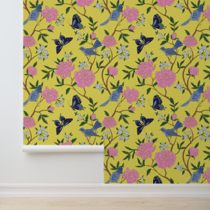 Gelbes Rosa & Blau Chinoiserie Wolfsmilch Vögel Tapete