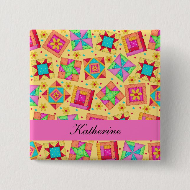 Gelbes rosa Patchwork Quilt Blocks Name Abzeichen Button (Vorderseite)