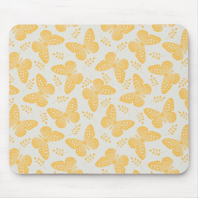 Gelbes Schmetterlingsmuster auf grauem Hintergrund Mousepad (Vorne)