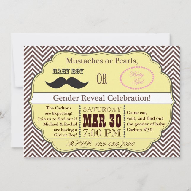 Gelbes Schnurrbart-oder Perlen-Geschlecht decken Einladung (Vorderseite)
