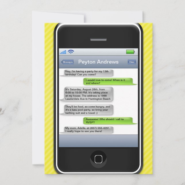 Gelbes/Schwarz-intelligentes Telefon-iParty Einladung (Vorderseite)