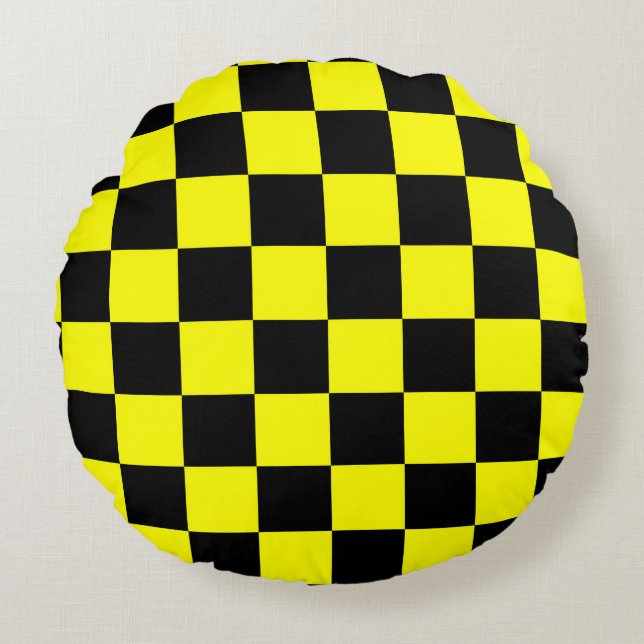 Gelbes Schwarz-Schachbrettmuster Rundes Kissen (Vorderseite)